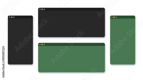Four blank browser windows in dark theme displaying desktop and mobile responsive layouts, concept for web design, app development and UI/UX presentation