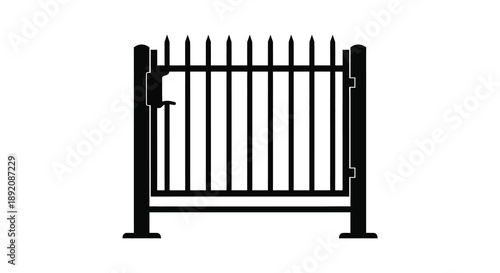A simple black and white illustration depicts a metal gate with vertical bars and a latch high quality professional detailed