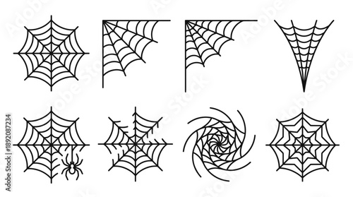 Isolated vector set of eight spooky spider web icons and one spider outline on a white background, concept for scary Halloween party decoration, web page framing and horror movie themes