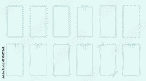 Light blue collection of twelve vertical doodle frames with ribbon bows and various hand-drawn borders, concept for invitations, social media stories and cute note papers