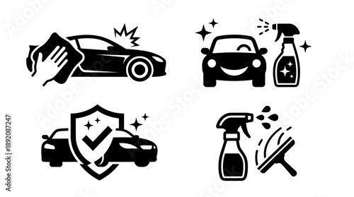 Set of black glyph icons illustrating car washing, detailing and auto protection services, concept for mobile app interfaces, promotional service posters and automotive branding