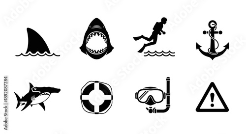 Black and white icons depicting ocean life diving and warning signs