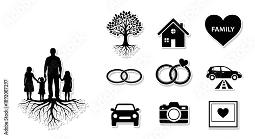 Black silhouettes depicting family home love and life s journey