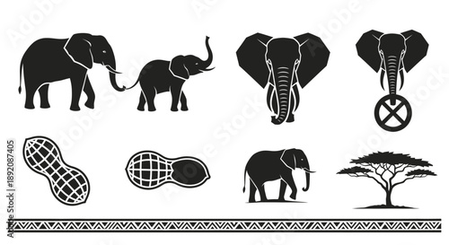 African wildlife and botanical elements in a monochrome vector illustration