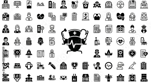 Collection of diverse black and white medical and healthcare related icons