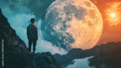 A lone man stands on a mountaintop, gazing up at a giant moon in a surreal landscape.