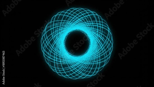 Abstract swirling blue light pattern on a black background, digital art, intricate geometric design