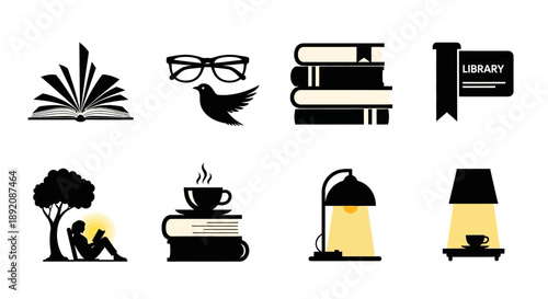 Collection of black and white icons representing reading and learning