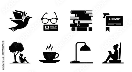 Black silhouette icons representing reading learning and library elements