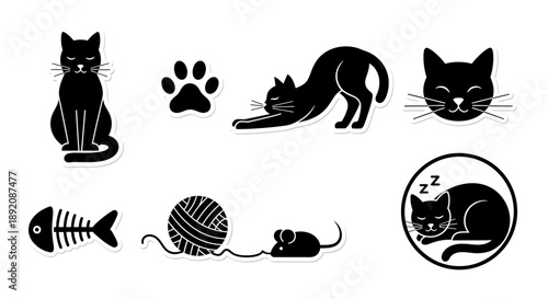 Black cat icons with paw print fish yarn and sleeping cat graphics