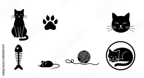 Black and white cat icons featuring playful elements and feline imagery
