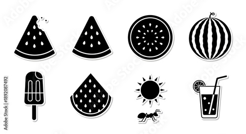 Summer fruit icons and related elements in black and white