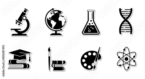 Black silhouette icons representing science education and the arts