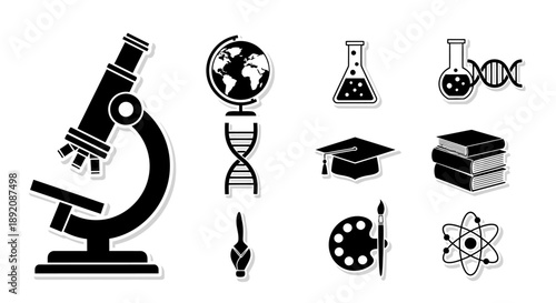 Science icons depicting research tools education and atomic structures
