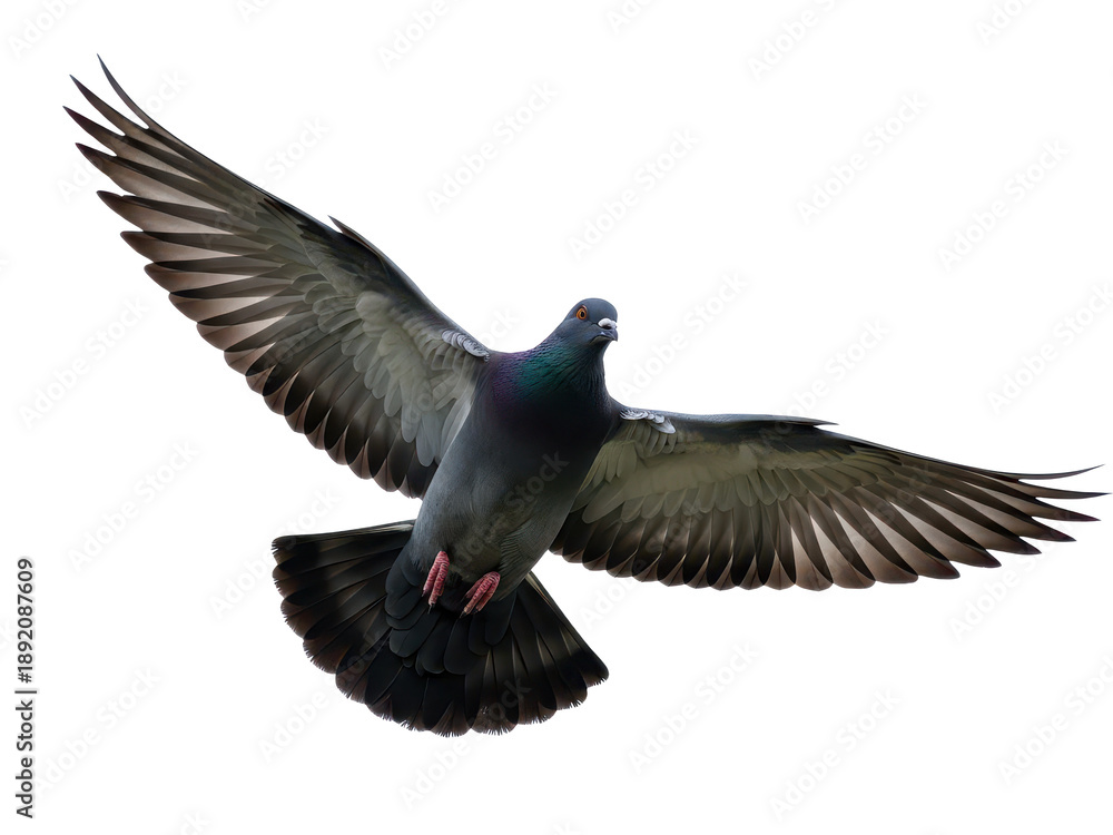Obraz premium Flying pigeon bird in mid air on isolated transparent background with wings spread wide open