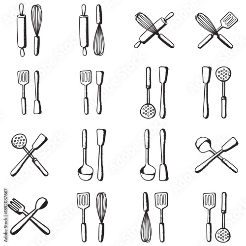 Kitchen utensils hand drawn silhouette icon set. Crossed vector cooking and baking tools for culinary projects. Rolling pin, whisk, frok, spatula