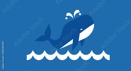 Cartoon Whale Breaching Above Blue Waves in a Simple Stylized Graphic