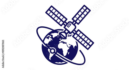 Stylized Earth and Satellite Logo Icon in Dark Blue, Highlighting Space Technology and Global Connection
