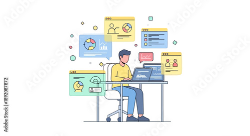 Cartoon man working at a desk surrounded by digital icons in a stylized office scene viewed from the right side