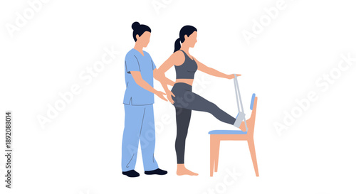 Professional therapist assisting female patient stretching leg using