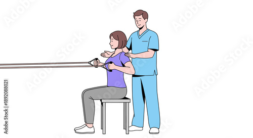 Therapist guides woman doing resistance band rows for rehabilitation