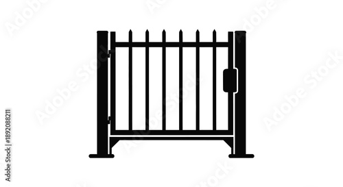 A simple black and white illustration depicts a closed metal gate with vertical bars and a latch