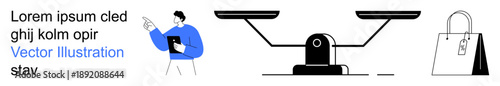 Business strategy, decision making, e-commerce, equality, comparison, weighing options. A person with a tablet, a balance scale a shopping bag. Business strategy and decision-making visualization