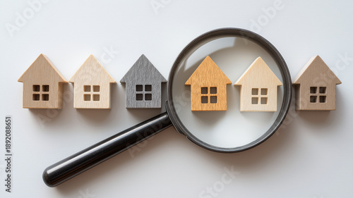 Magnifying glass and miniature houses. House searching concept.