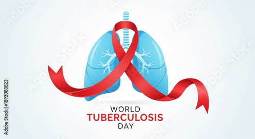 World tuberculosis day awareness poster with red ribbon and lungs illustration