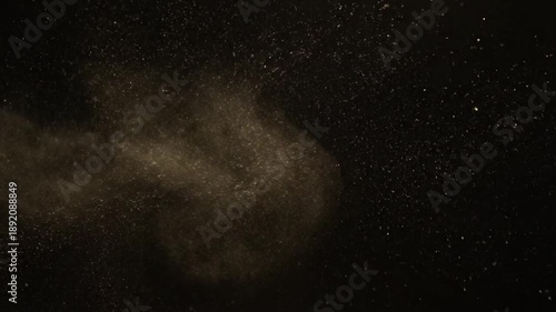 Dynamic cloud of fine particles suspended in a dark, mysterious void, creating an ethereal and atmospheric effect. 