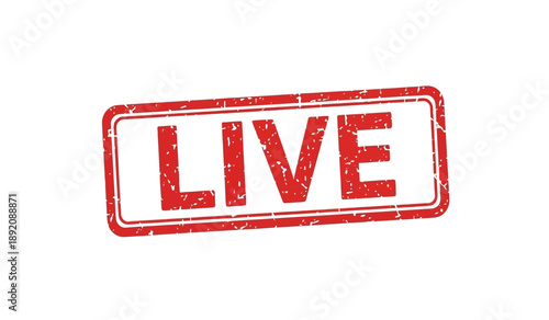 A red live stamp on a, indicating something is happening now or in real time, with a distressed texture