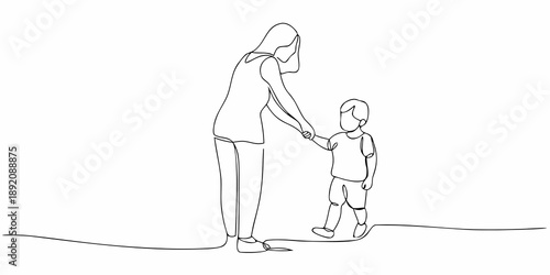 A continuous line drawing depicts a mother and son holding hands