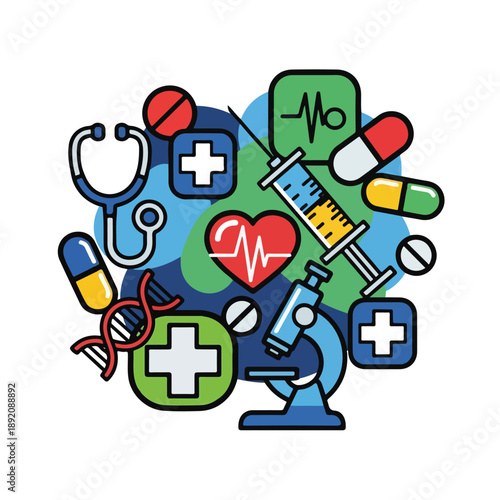 A colorful arrangement of medical symbols