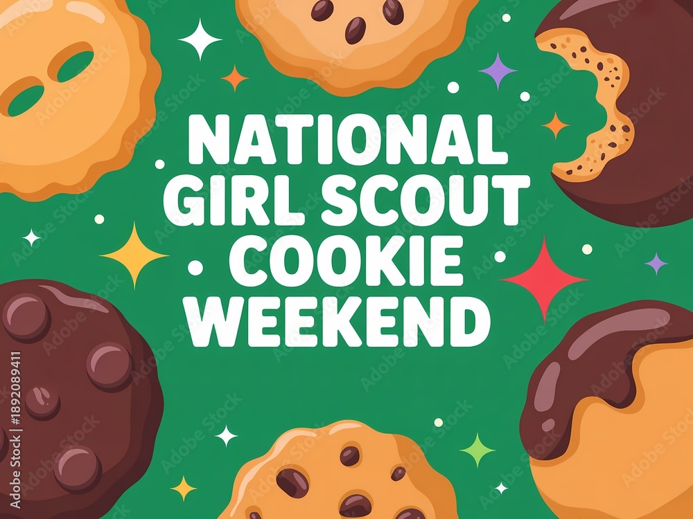 Fototapeta premium National girl scout cookie weekend celebration with colorful cookies on green background