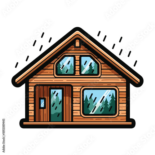 Bilde på lerret A cozy wooden cabin with snow falling around