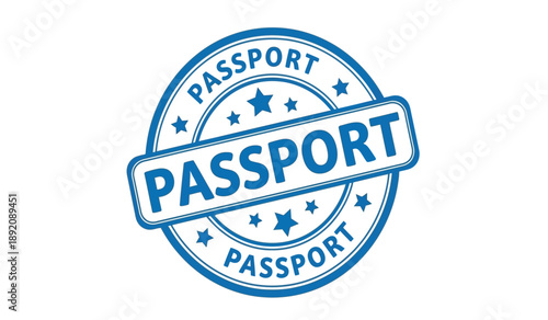 Blue passport stamp with the word passport on a for travel and identification purposes globally