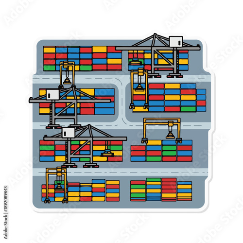 A colorful illustration of a bustling shipping yard with cranes