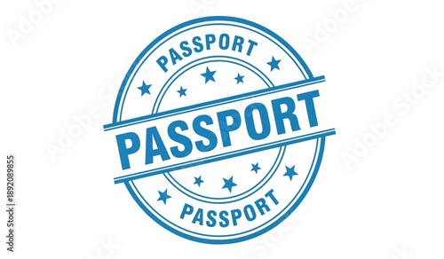 Blue passport stamp on for travel documentation purposes globally
