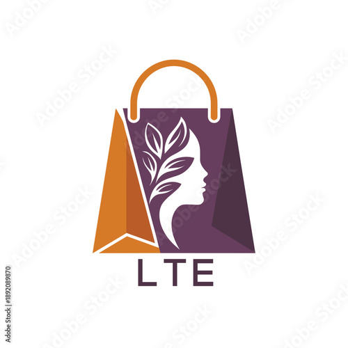LTE Luxury Beauty Shopping Bag. LTE Logo Design with Elegant Female Face and Leaf. LTE Best Icon.

