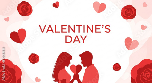 Valentine's day illustration of a loving couple sharing a heart surrounded by red roses and hearts on a soft pink background