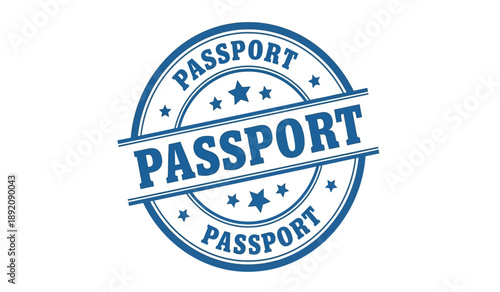 Blue passport stamp on with stars and text