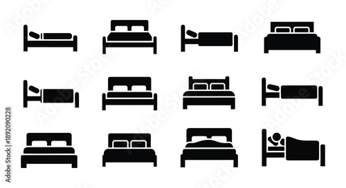 A collection of simple black silhouette icons depicting various types of beds and bedroom furniture high quality professional
