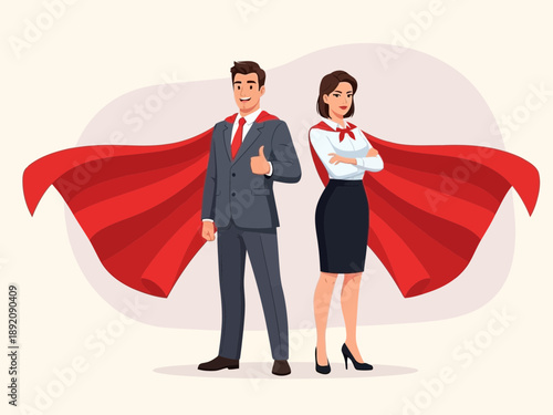 Business superheroes in suits with red capes standing together