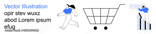 E-commerce, online shopping, business growth, analytics, marketing, digital services. A person running, a shopping cart and a figure analyzing a graph. E-commerce and business growth concept