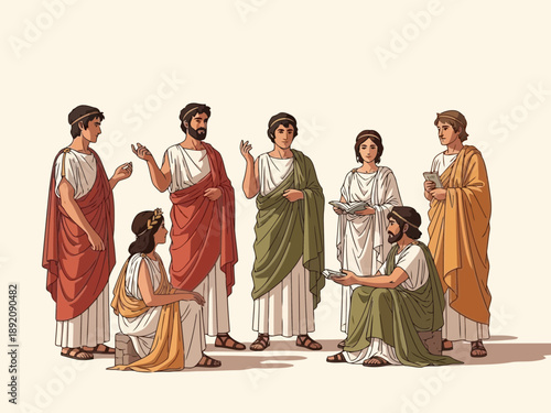Illustration of ancient people in traditional clothing on a beige background