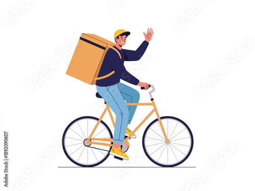 Delivery man riding bicycle with big smile