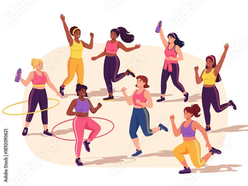 Group of diverse women exercising together with fitness equipment and smiling