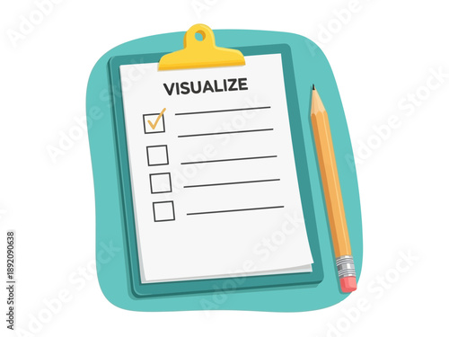 Checklist on a clipboard with a pencil on a teal background to visualize tasks and goals