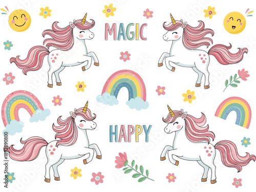 Unicorns and rainbows on with happy magic text