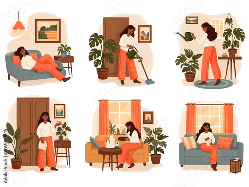 Woman doing household chores in various rooms with plants around her